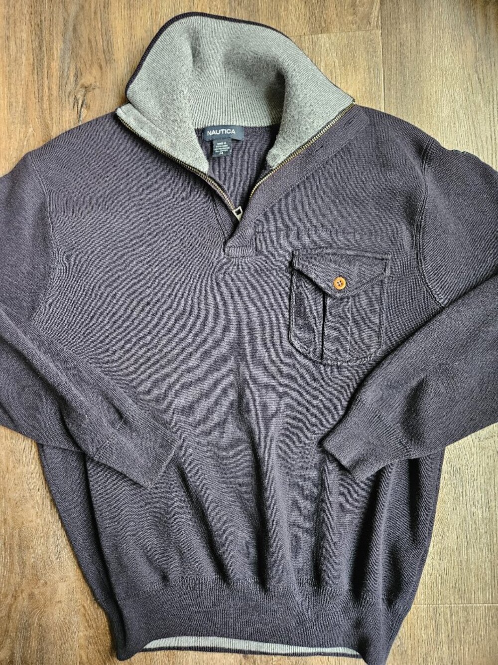 Nautica quarter zip vintage navy blue gray men's sweater Medium cotton blend